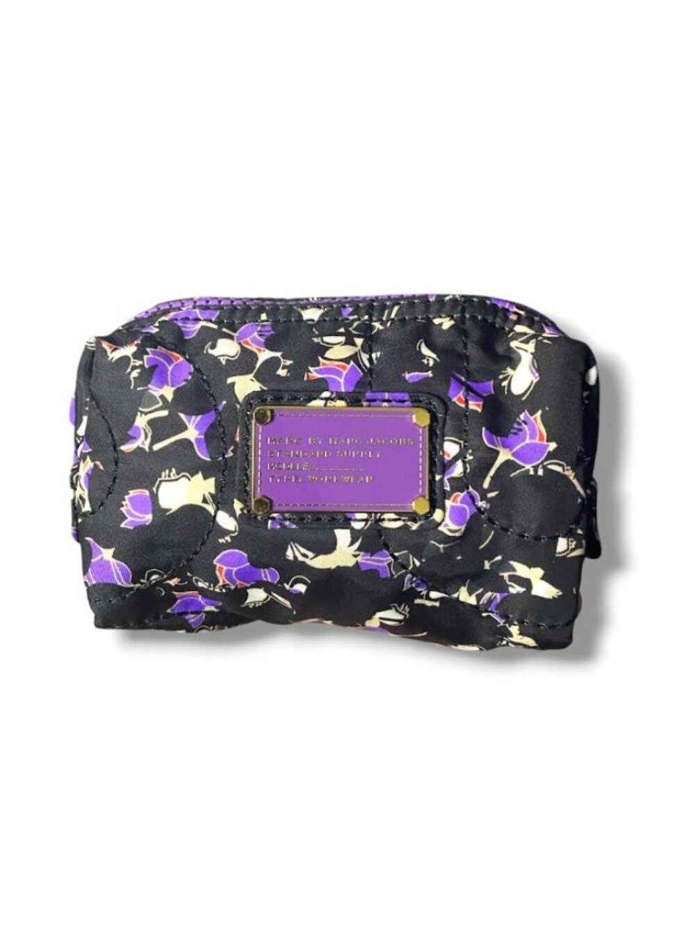 Marc by Marc Jacobs Black Floral Quilted Cosmetic Pouch with Purple Accents